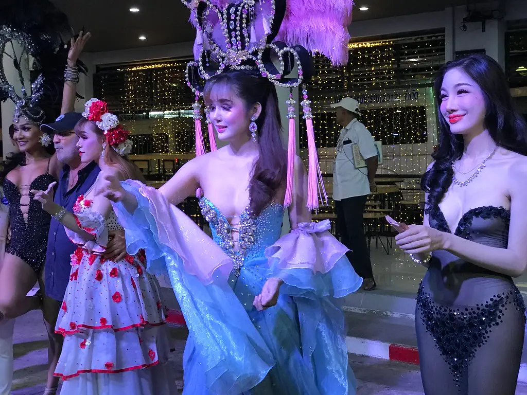 Simon Cabaret performers in sparkling costumes after the show