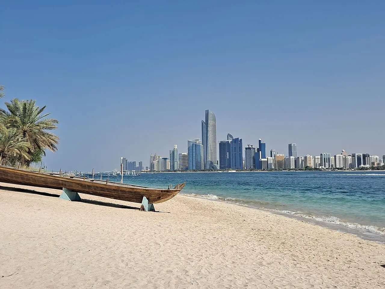 The Abu Dhabi skyline from the Corniche beach