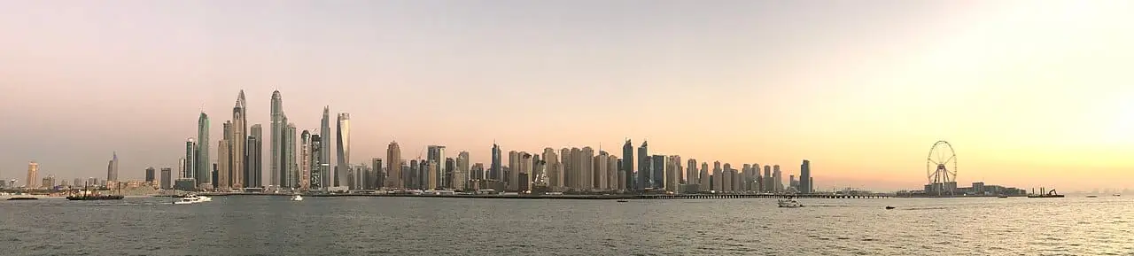 The Dubai Marina skyline at sunset, the view from Dinner in the Sky