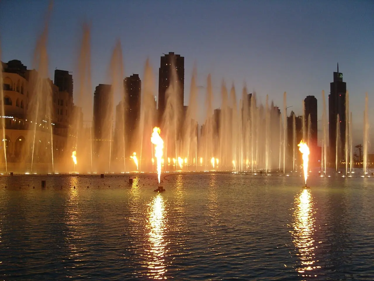 The Dubai Fountain lit up at night