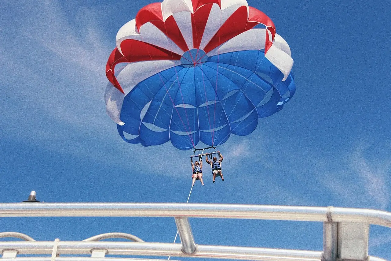 A parasail canopy in a blue sky