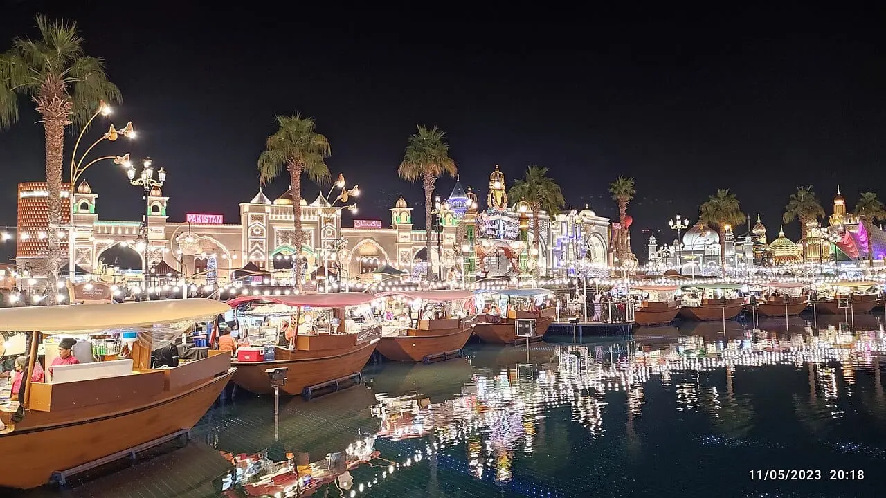 Global Village Dubai lit up at night