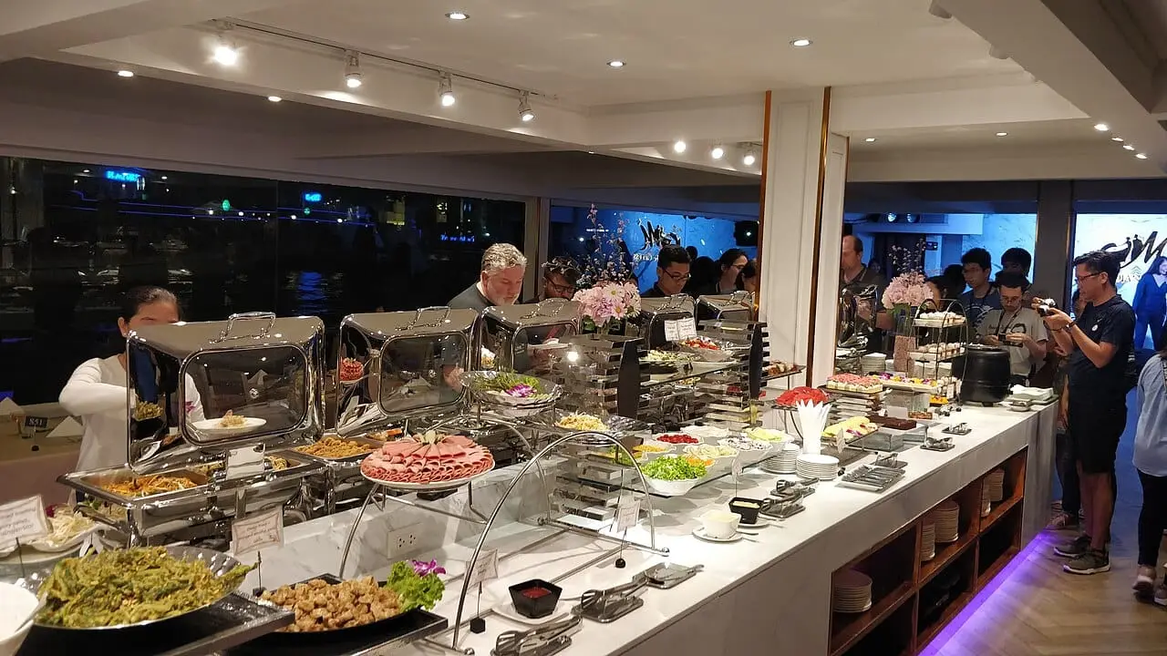 A dinner buffet on board