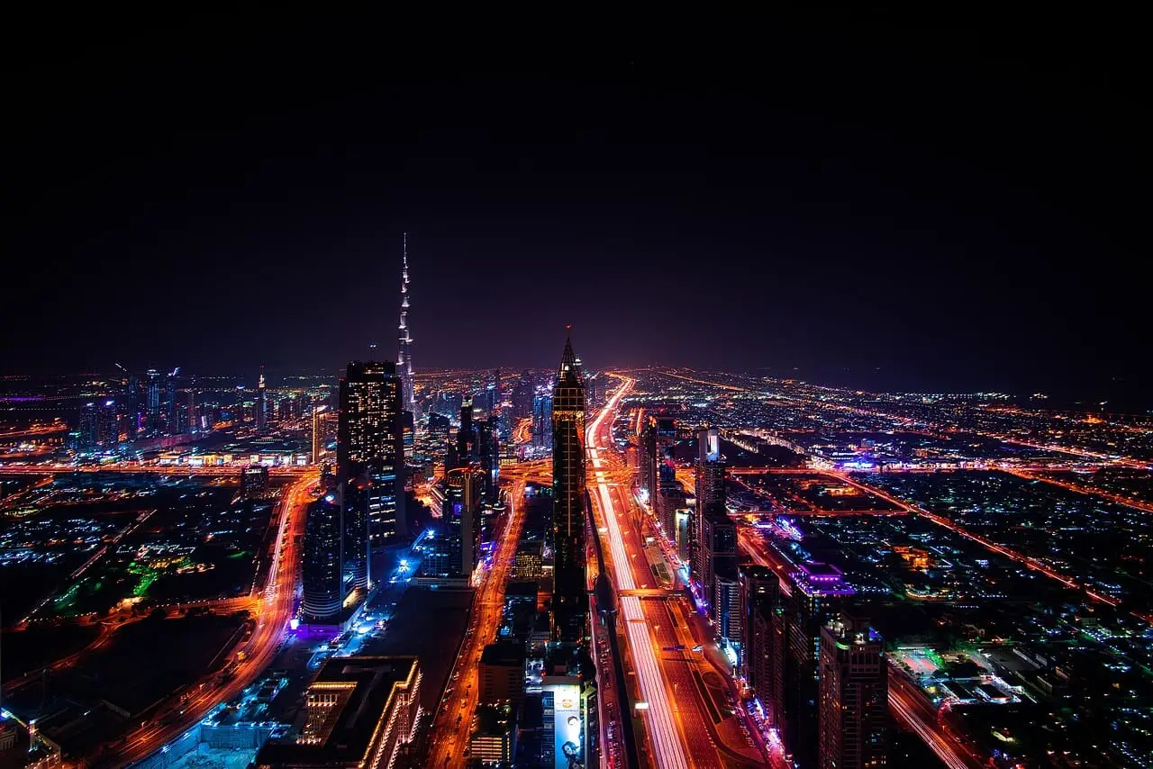 Sheikh Zayed Road lit up at night from above
