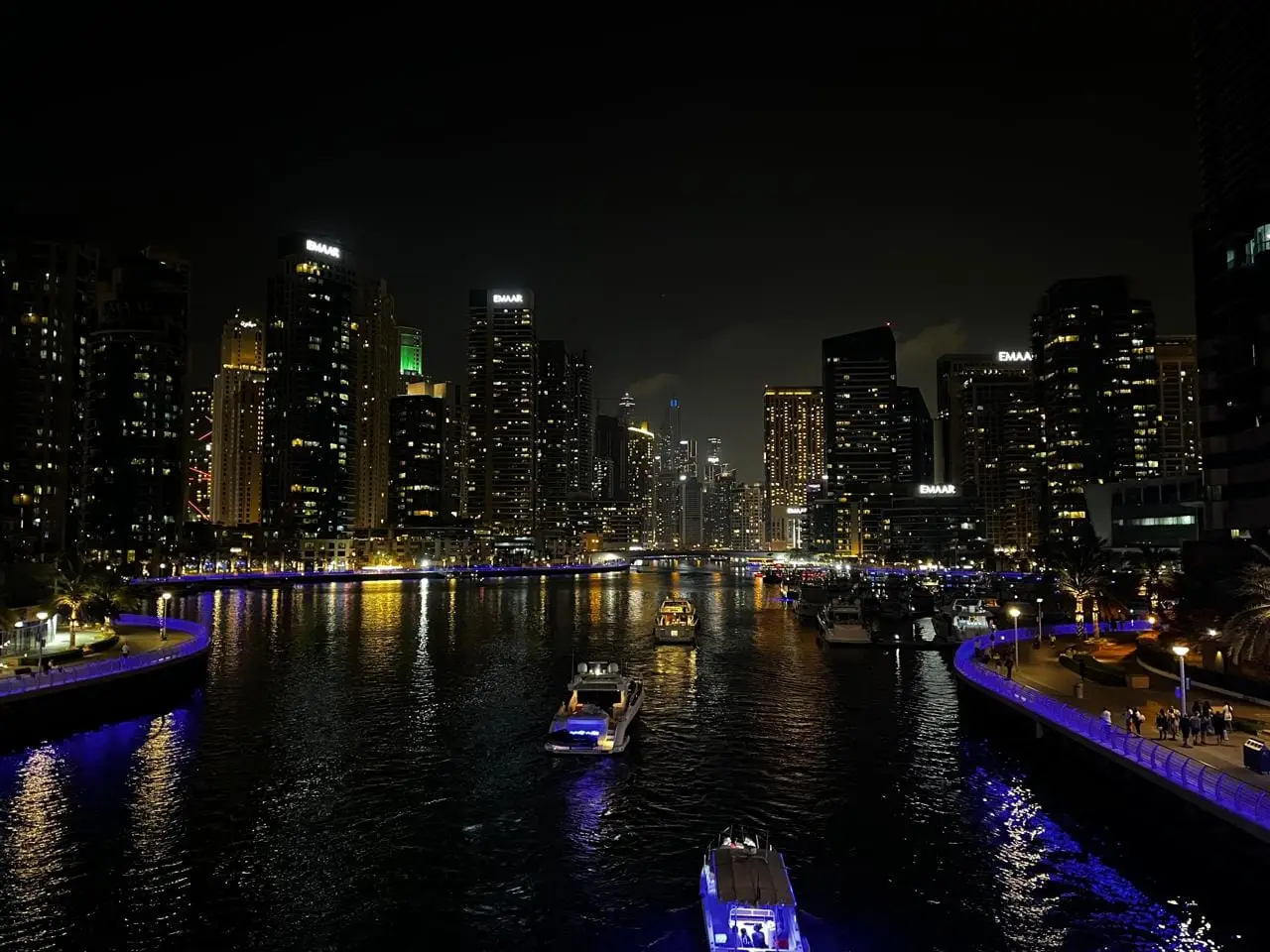 The lights of Dubai Marina from the water