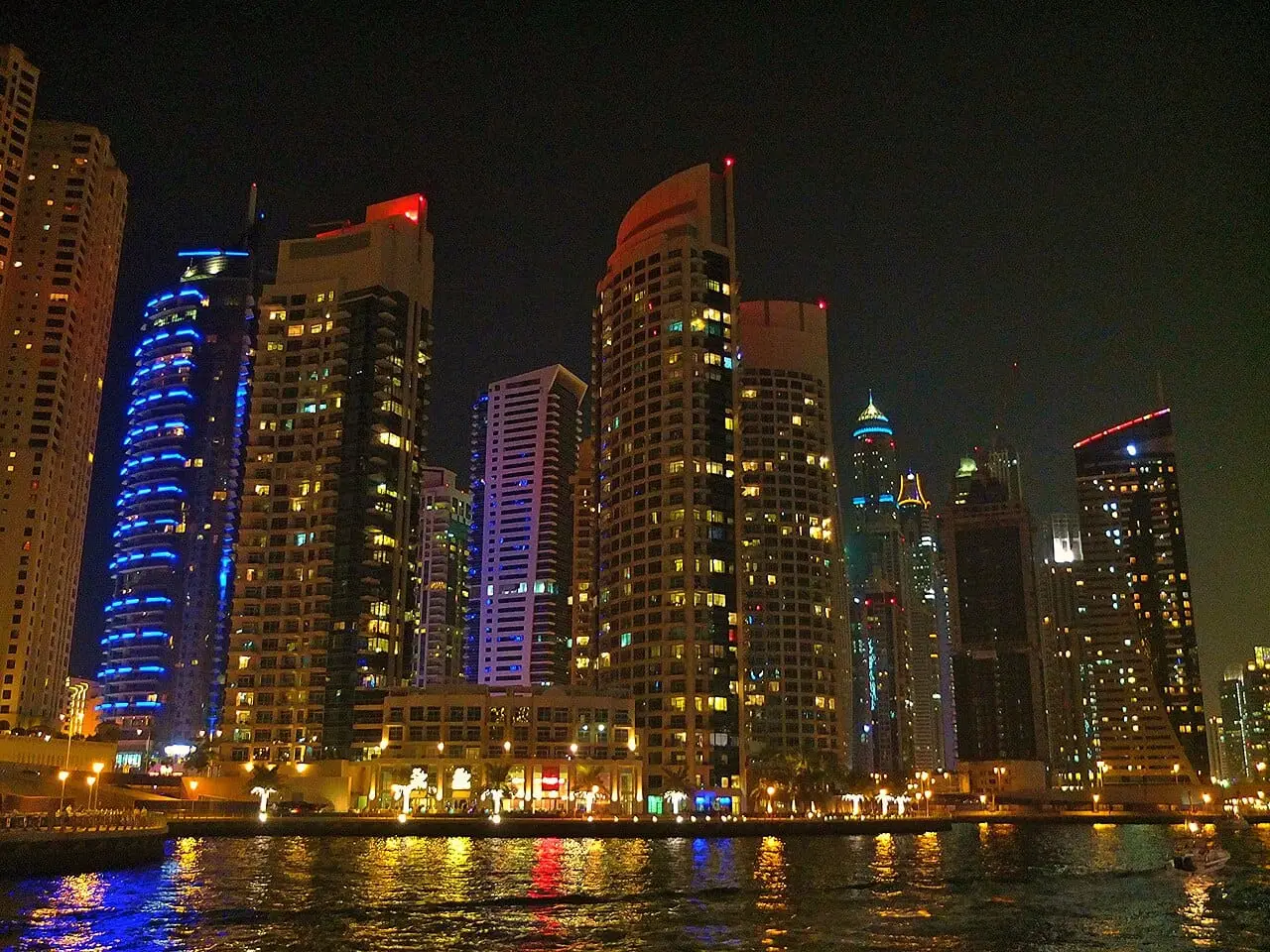 Marina towers lit up at night