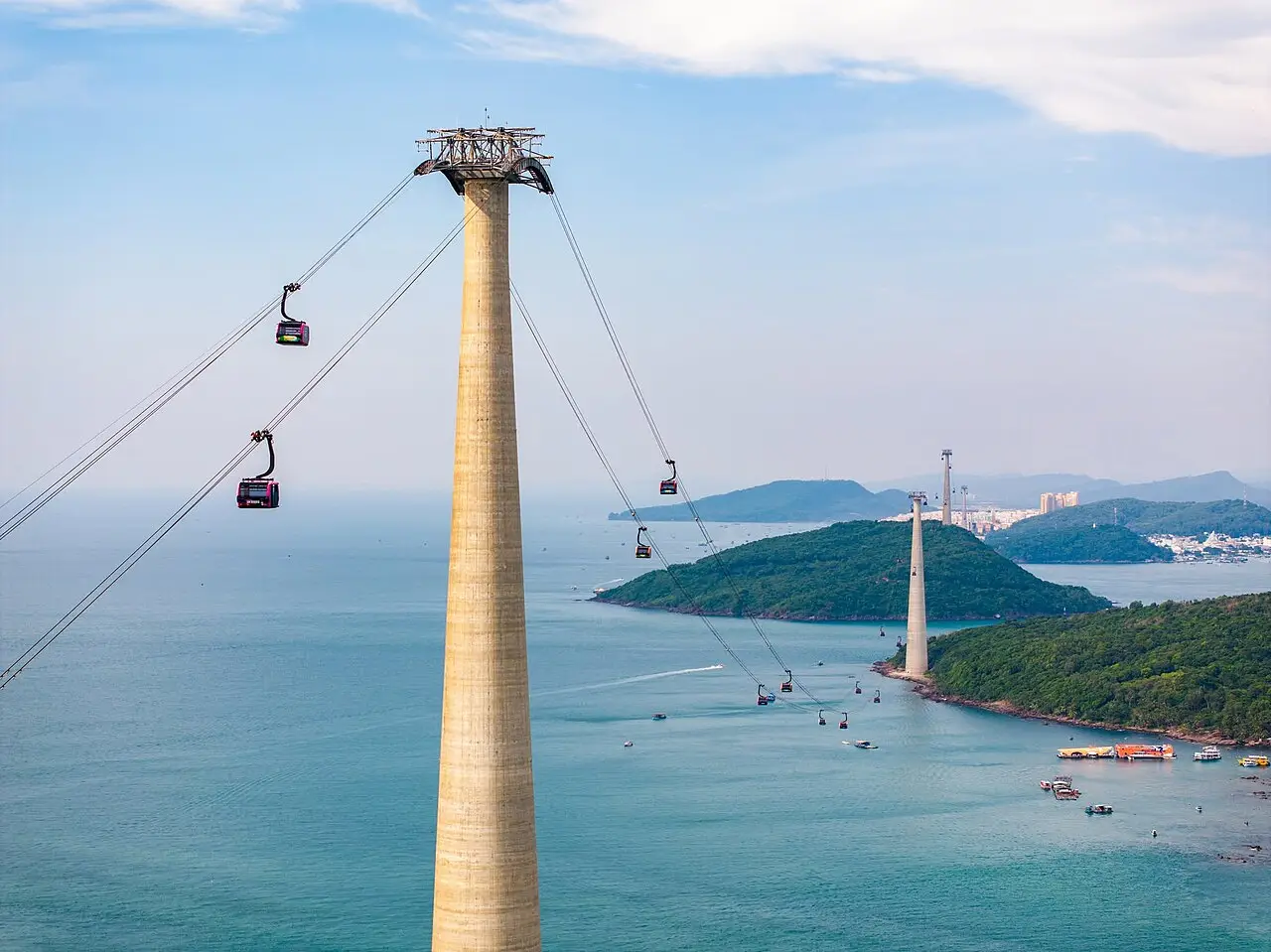 Cable car towers stepping across the sea to Hon Thom