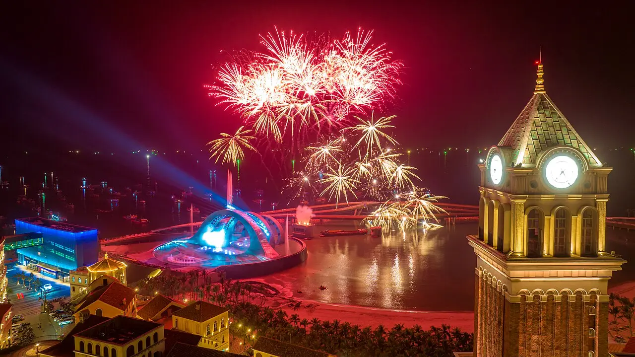 Fireworks over the Kiss of the Sea show at Sunset Town, Phu Quoc
