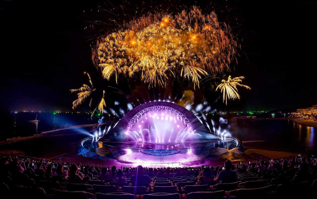 The outdoor sea theatre lit up during the show