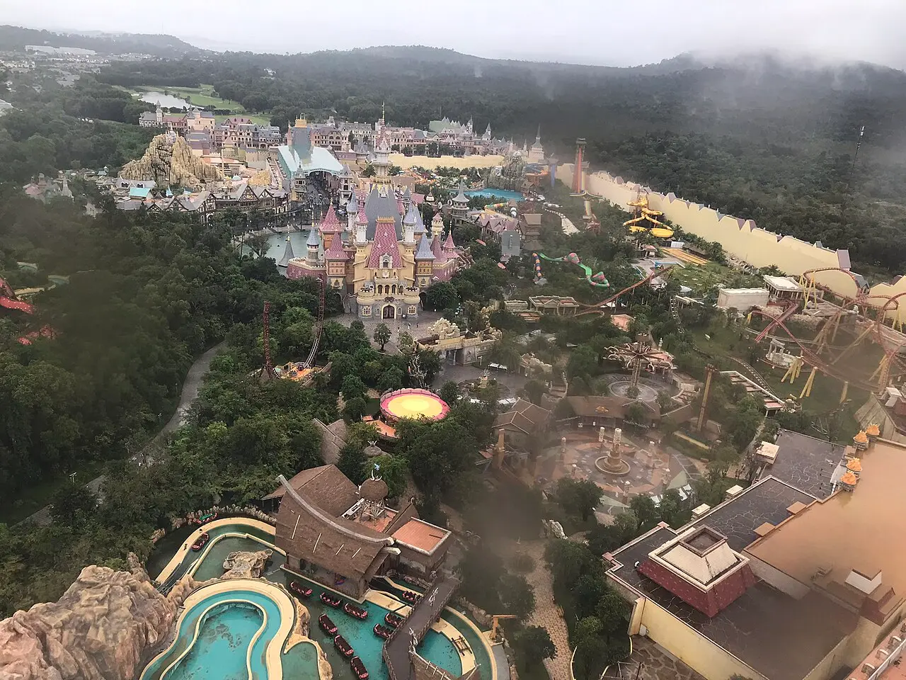 Aerial view over VinWonders Phu Quoc theme park from the Ferris wheel