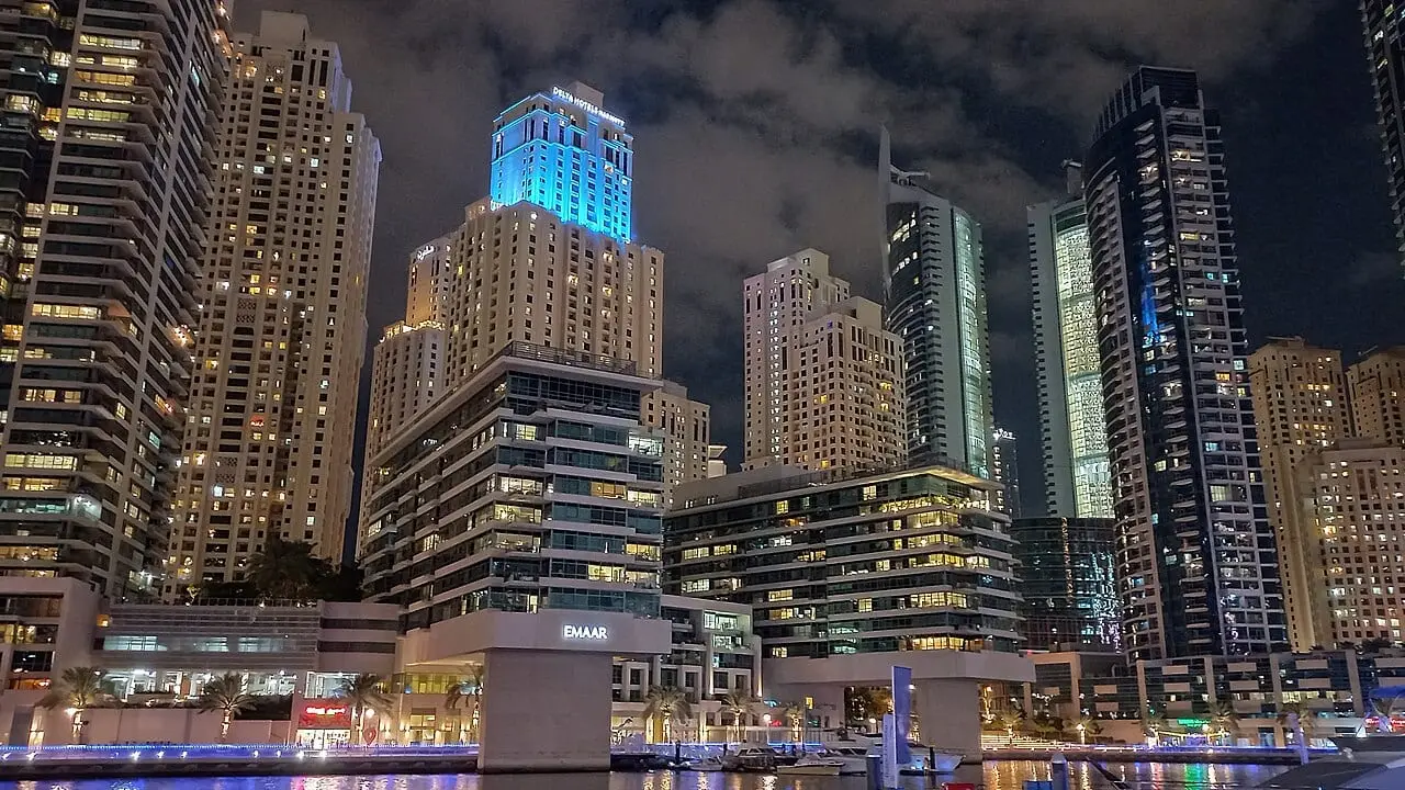 Dubai Marina lit up at night