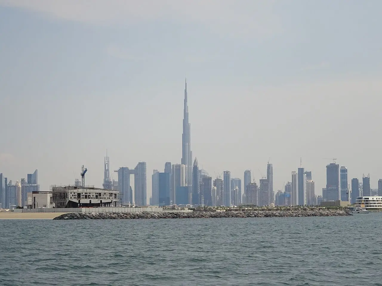 The Burj Khalifa and the Dubai skyline seen from the water