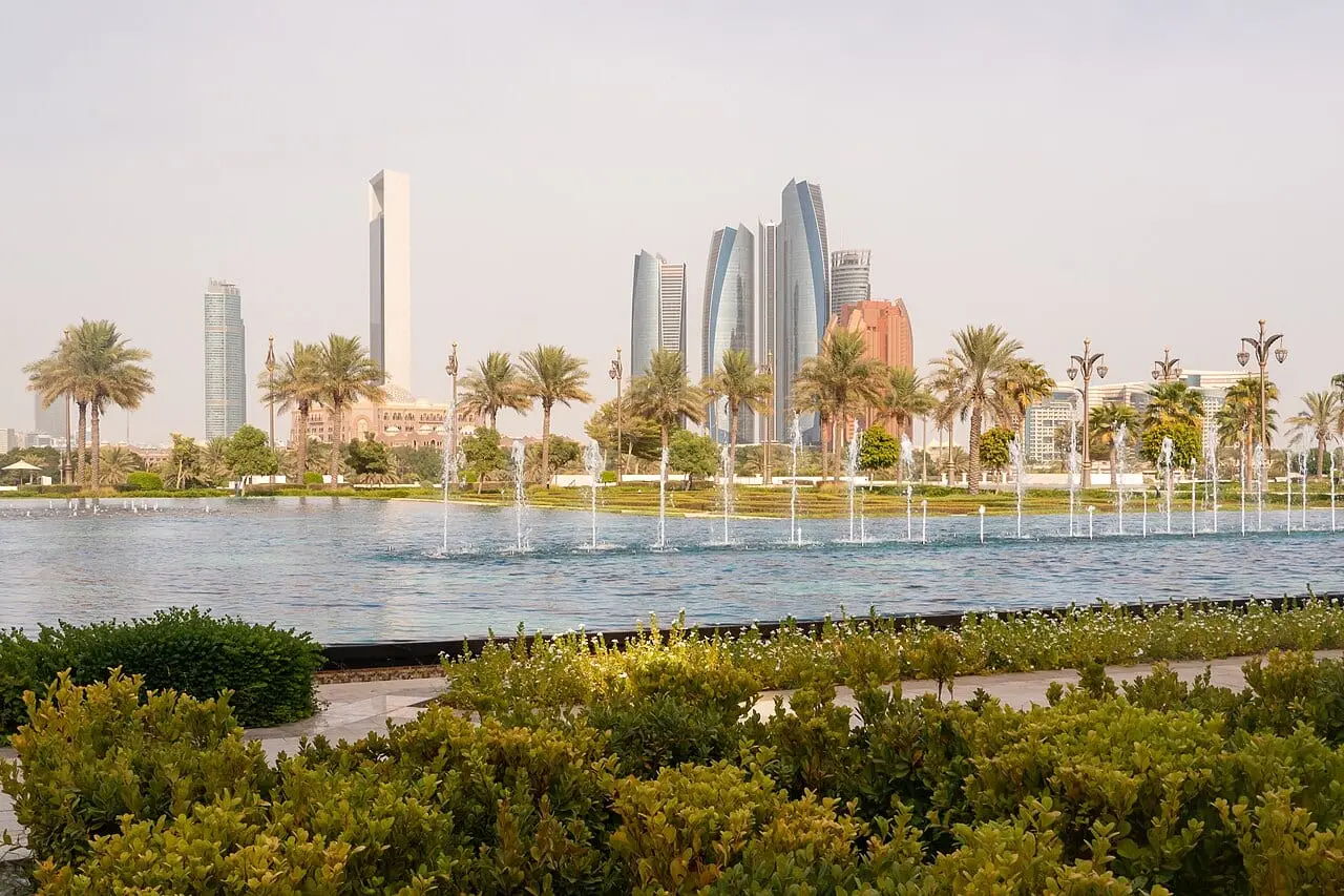 The Abu Dhabi skyline seen from the gardens of Qasr Al Watan
