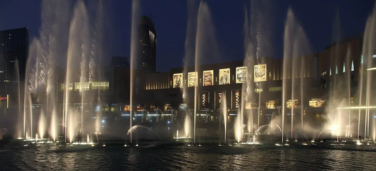 The Dubai Fountain show at dusk