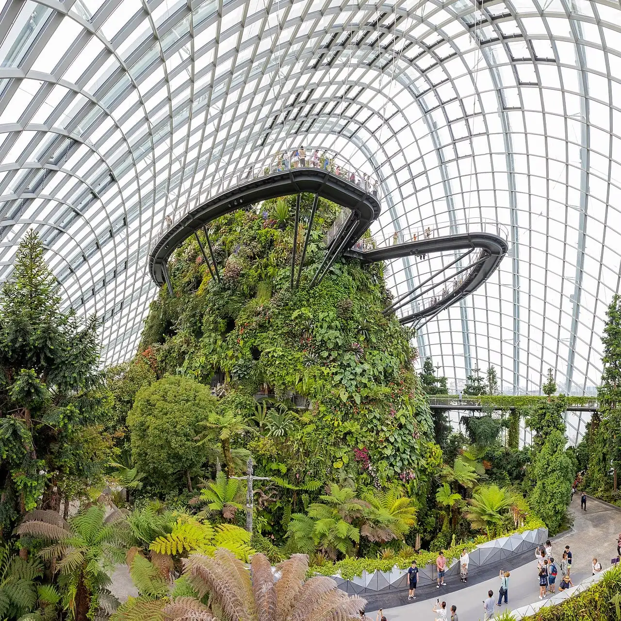 The indoor mountain and walkways of the Cloud Forest at Gardens by the Bay