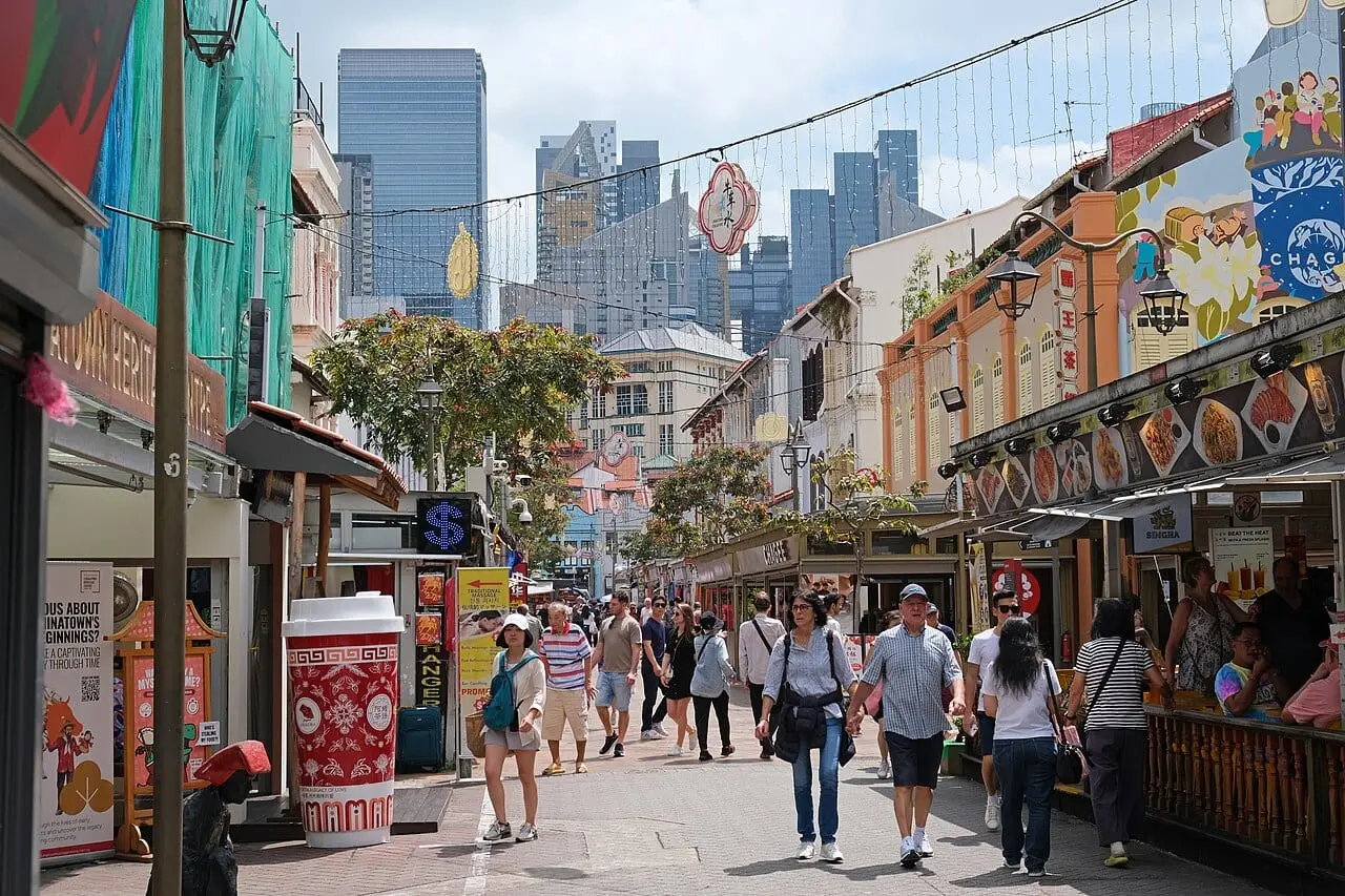 Shophouses and stalls on Pagoda Street in Chinatown, Singapore