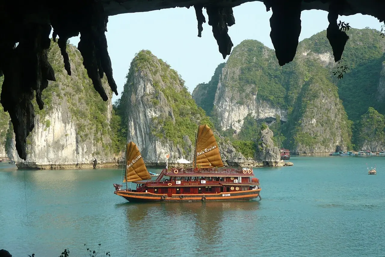 Junk boats among the limestone islands of Ha Long Bay