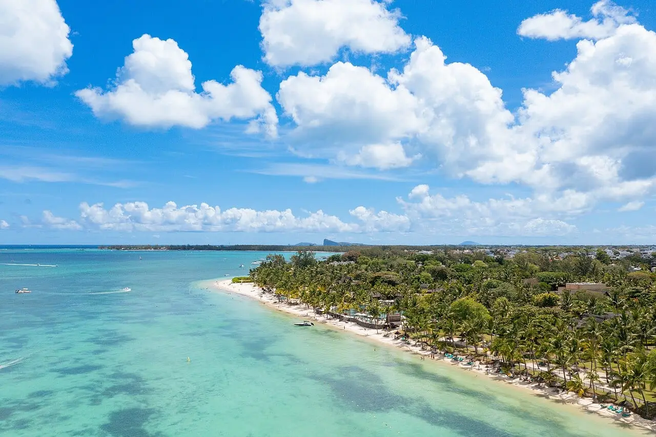 The lagoon and beach at Trou aux Biches, Mauritius, from the air