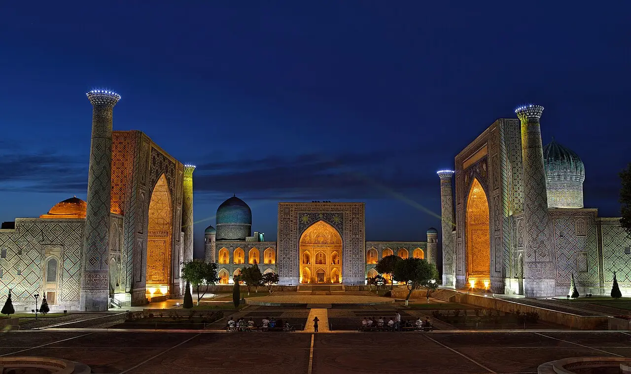 The Registan in Samarkand lit up at night